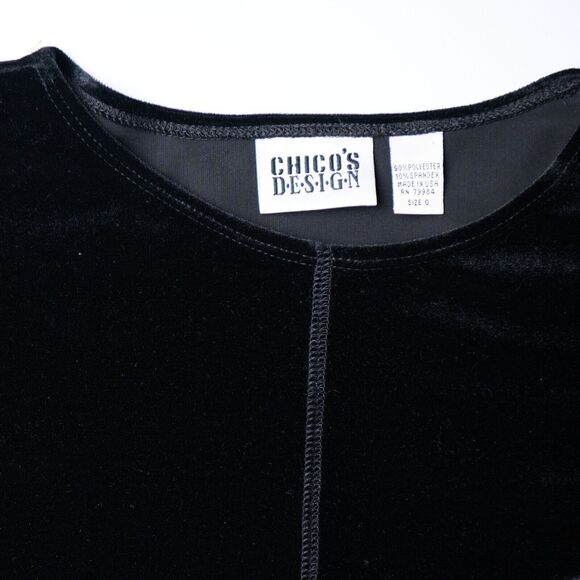 Chico’s Women’s Size 0 XS Black Velvet Stretch Top Round Neck Long Sleeve Slit - Picture 6 of 6